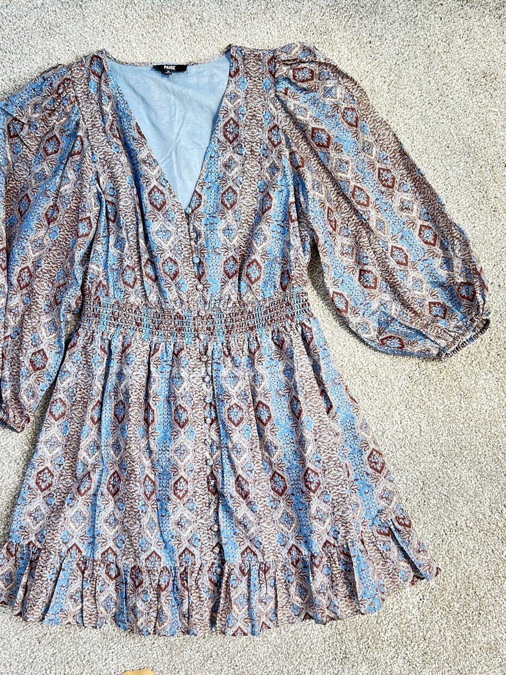 PAIGE Blue and Brown Paisley V-Neck Smocked Waist Dress
